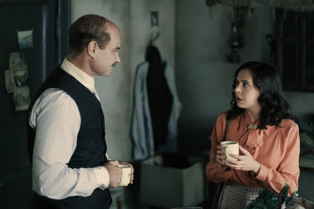 <p>Liev Shreiber, left, plays Otto Frank, in new series A Small Light, while Bel Powley, right, plays Miep Gies, who was an employee and friend of the Franks before the war</p>