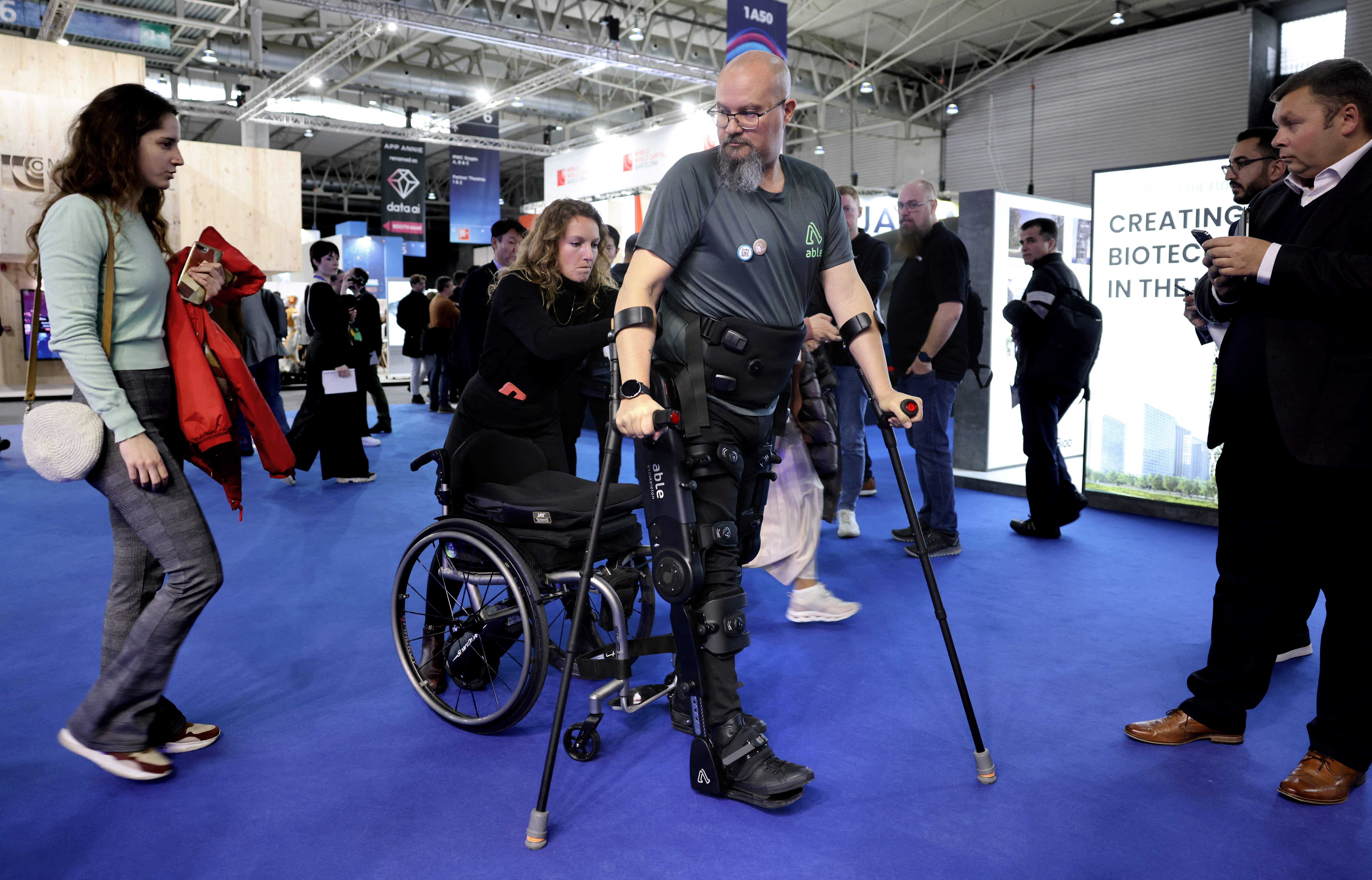 An exoskeleton created by Spanish company Able Human Motion is demonstrated