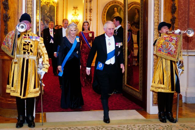 King Charles III and the Queen Consort during a Diplomatic Corps reception at Buckingham Palace (Victoria Jones/PA)