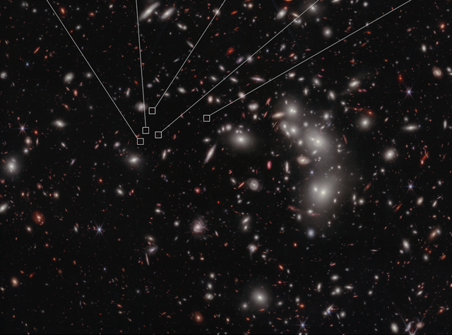 <p>The seven galaxies highlighted in this James Webb Space Telescope image have been confirmed to be at a distance that astronomers refer to as redshift 7.9, which correlates to 650 million years after the big bang</p>