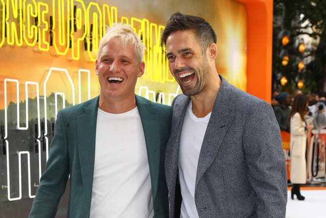 <p>Jamie Laing (L) and Spencer Matthews attend the UK Premiere of Once Upon A Time...In Hollywood at Odeon Luxe Leicester Square on July 30, 2019</p>