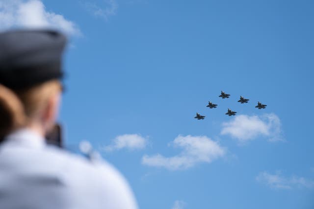 F35-B Lightning II jets take part in a rehearsal for the official coronation flypast, at RAF College Cranwell, Sleaford, Lincolnshire (Joe Giddens/PA)