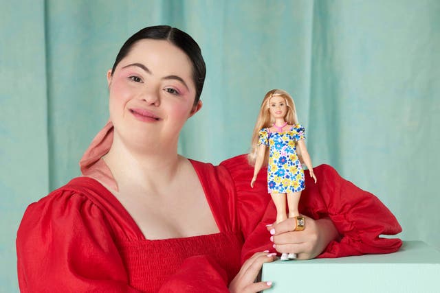 <p>Model Ellie Goldstein poses with Barbie’s first doll with Down’s syndrome</p>