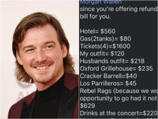 Morgan Wallen fan sends him itemised list of everything she wants refunded after cancelled Mississippi show