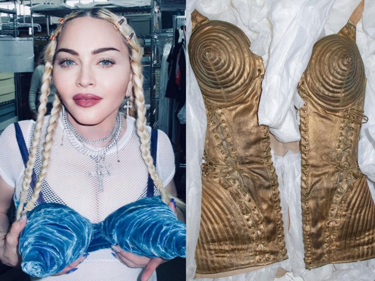 Madonna revisits iconic cone bra while showing off wardrobe archive ...
