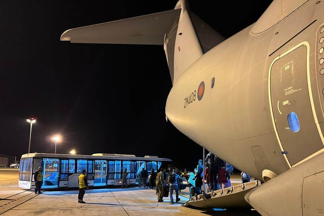 UK nationals disembarking from an A400M transport plane at Larnaca International Airport in Cyprus (Ministry of Defence/PA)