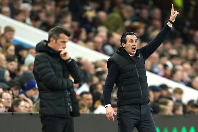 Fulham manager Marco Silva looks on as Aston Villa manager Unai Emery (right) reacts during the Premier League match at Villa Park, Birmingham. Picture date: Tuesday April 25, 2023.