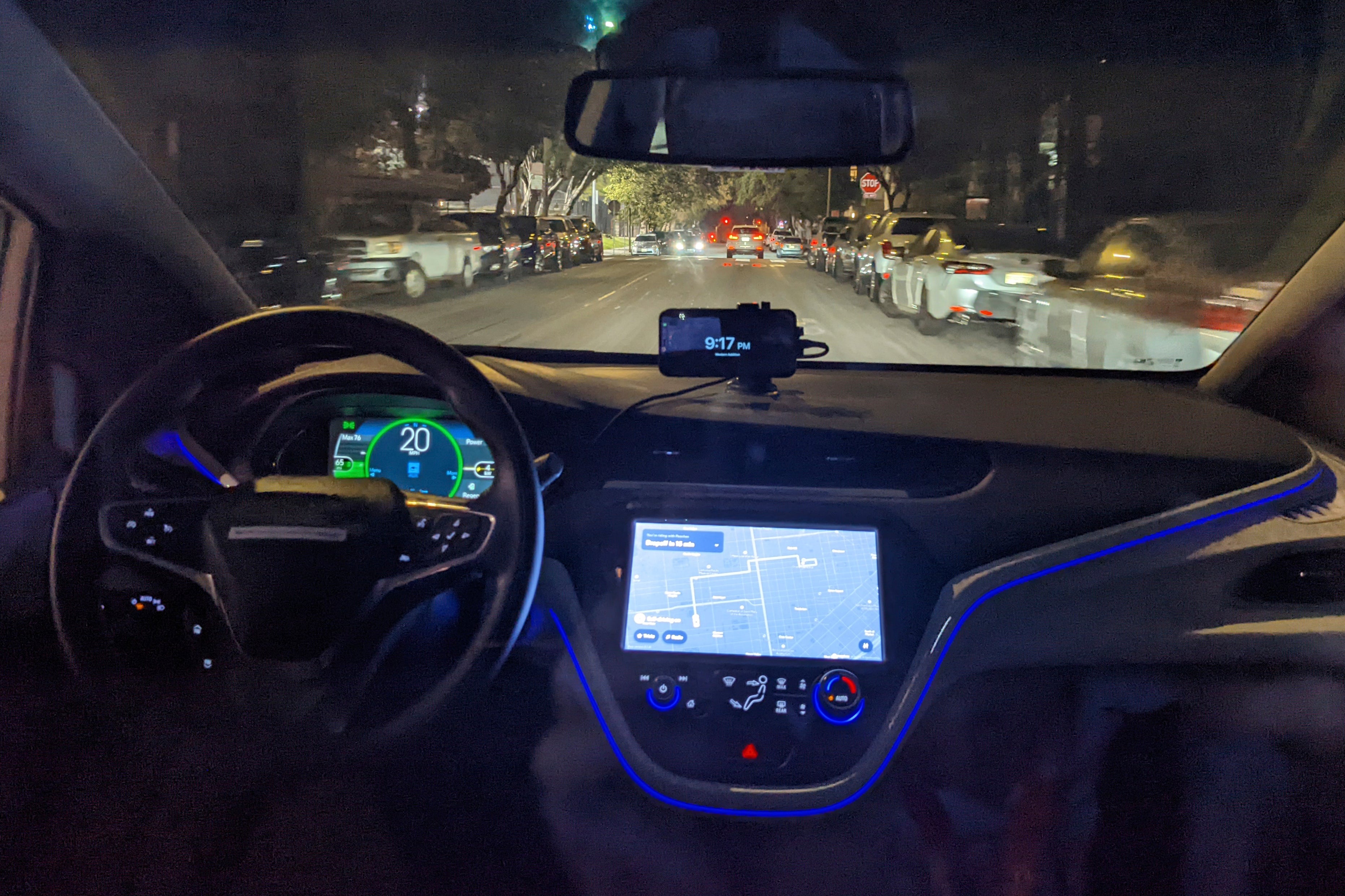 Empty driver's seat shown in a driverless Chevy Bolt car named Peaches carrying Associated Press reporter Michael Liedtke during a ride in San Francisco in September 2022
