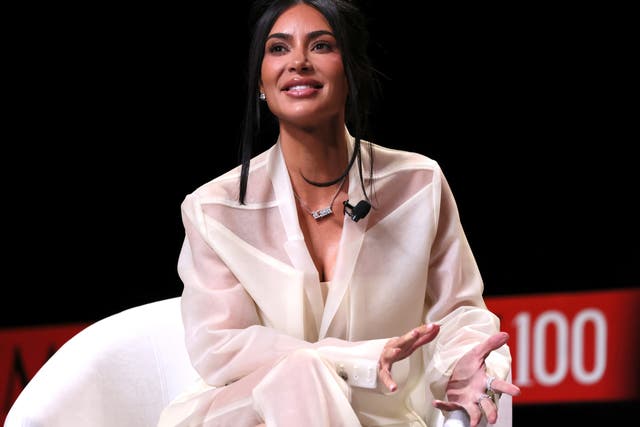 <p>Kim Kardashian speaks onstage at the 2023 TIME100 Summit at Jazz at Lincoln Center on April 25, 2023</p>