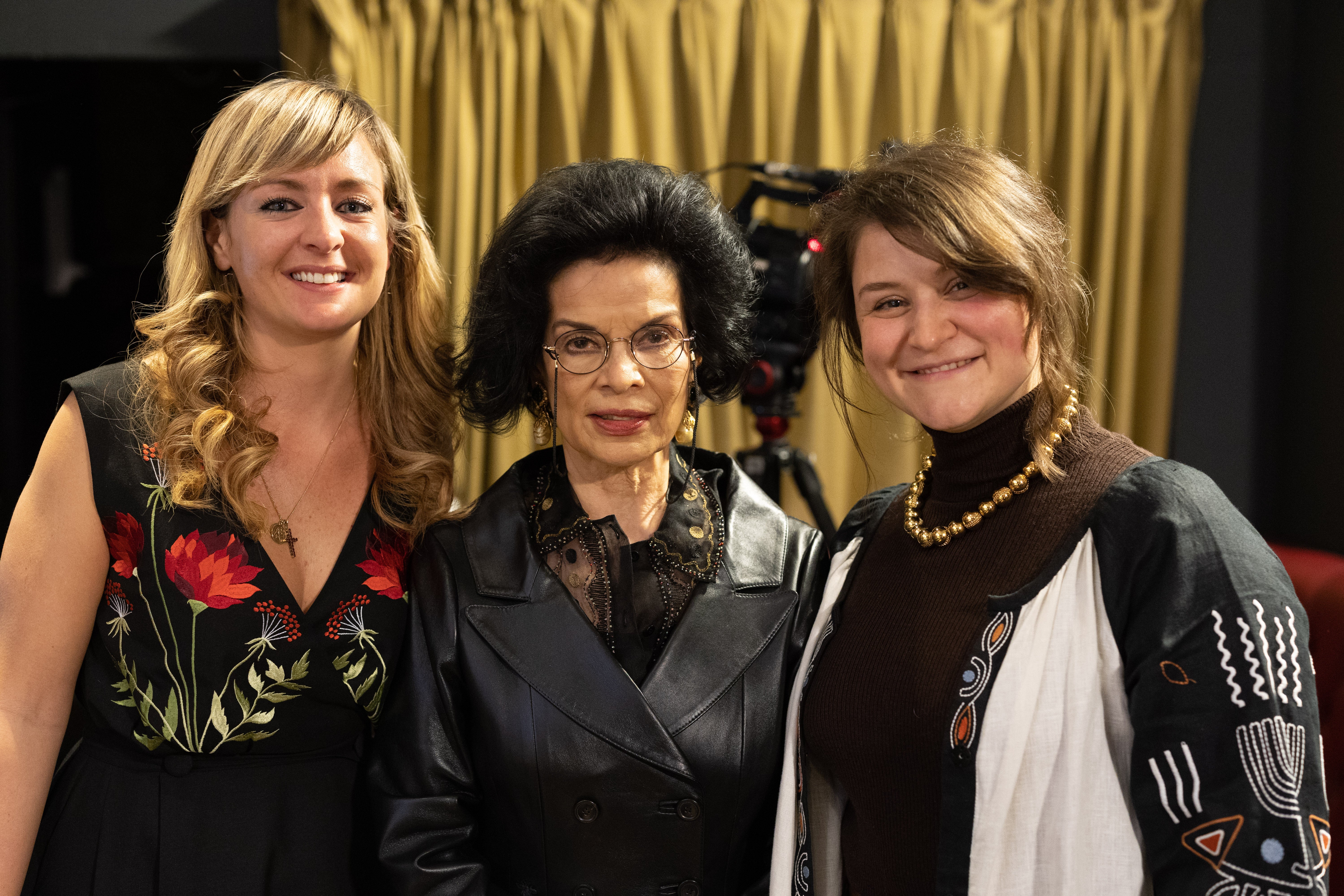 Jagger with Bel Trew (left) and Sasha Romantsova, from the Center for Civil Liberties (right), at the UK screening of Independent TV’s ‘The Body in the Woods’