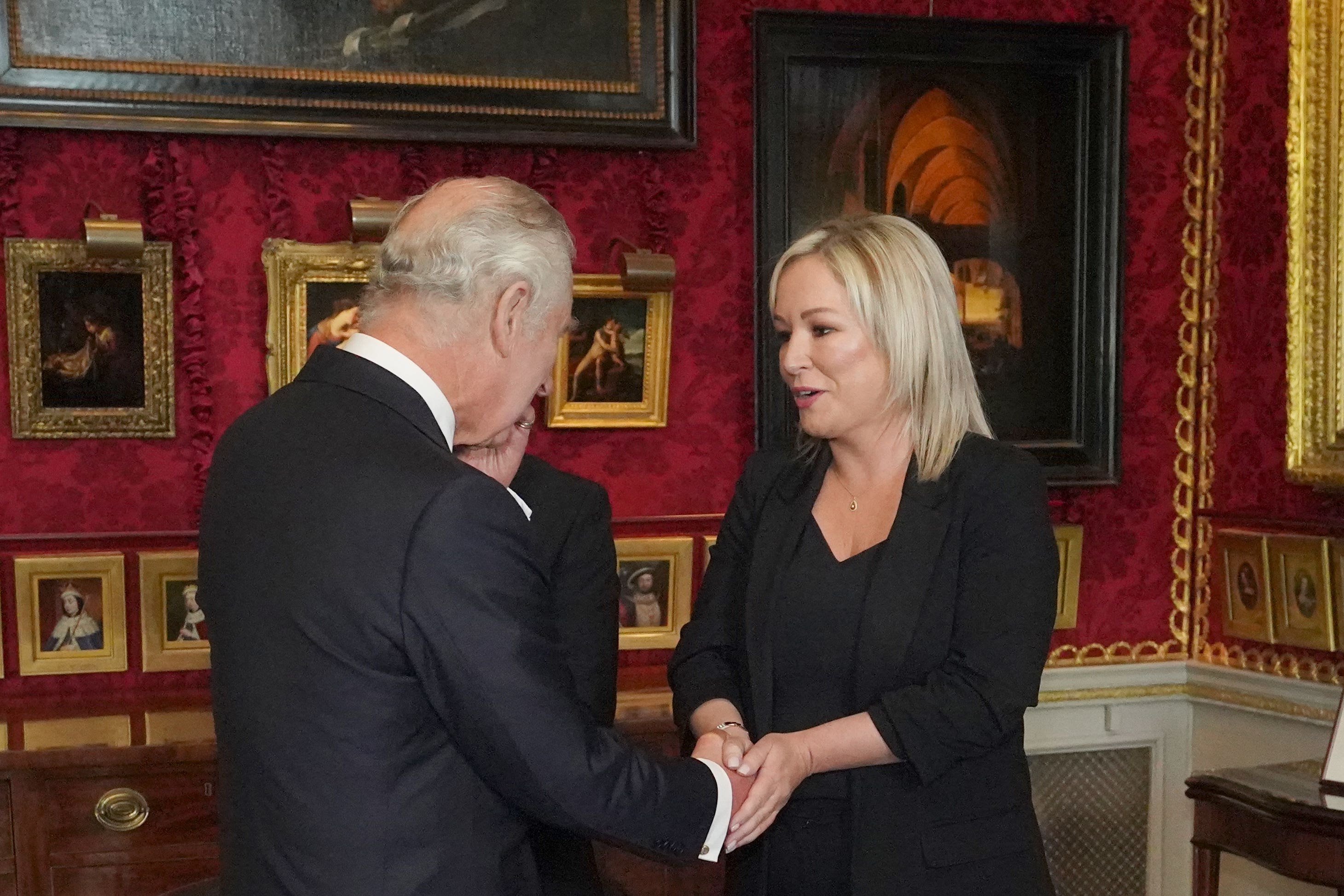 King Charles III meeting Sinn Fein Vice President Michelle O’Neill at Hillsborough Castle, Co Down (PA)