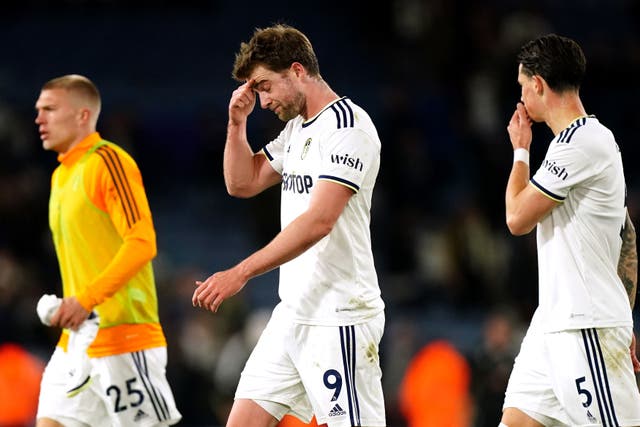 Patrick Bamford, centre, appears dejected at the final whistle after missing a golden chance moments earlier (Mike Egerton/PA)