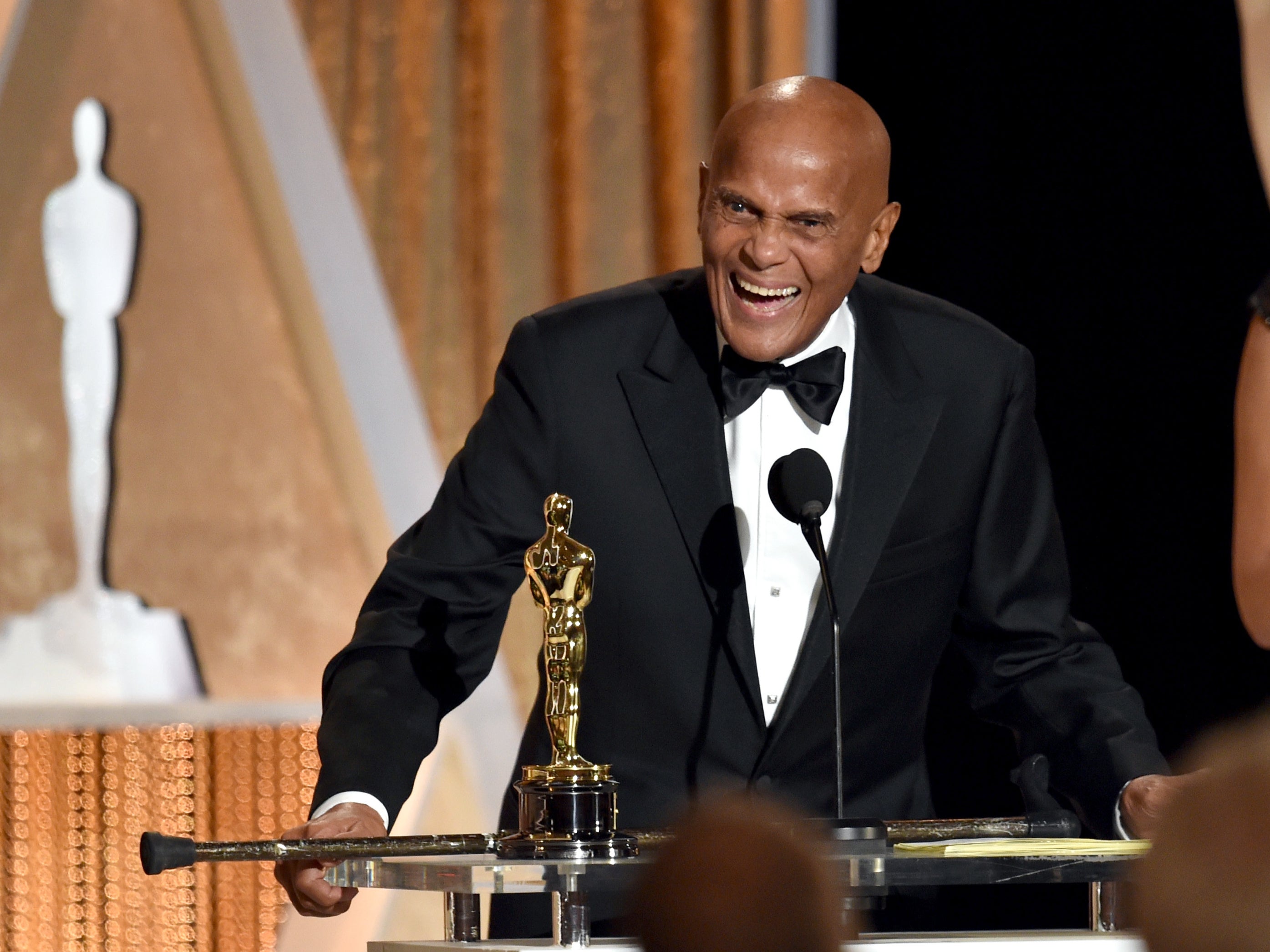 Belafonte accepting the Jean Hersholt Humanitarian Award in Hollywood in 2014