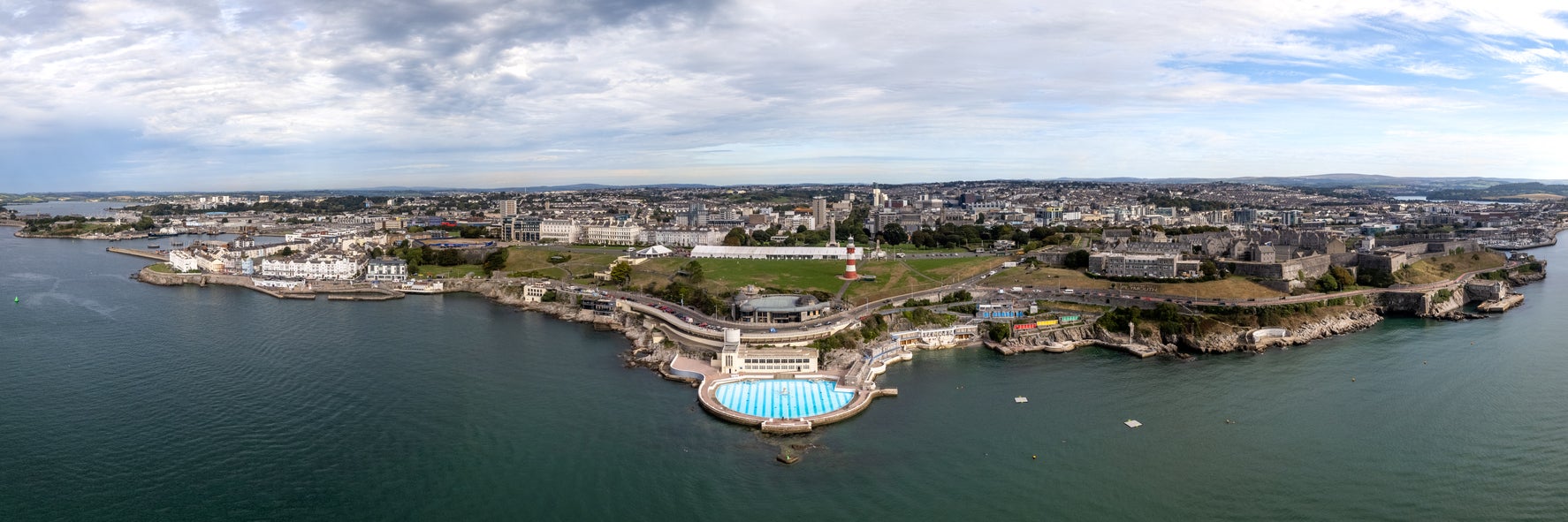 An aerial view of Plymouth Hoe, with the Tinside outdoor pool in the centre