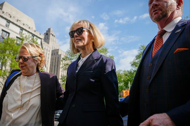 <p>Former advice columnist E. Jean Carroll arrives to Manhattan federal court, Wednesday, April 26, 2023, in New York</p>