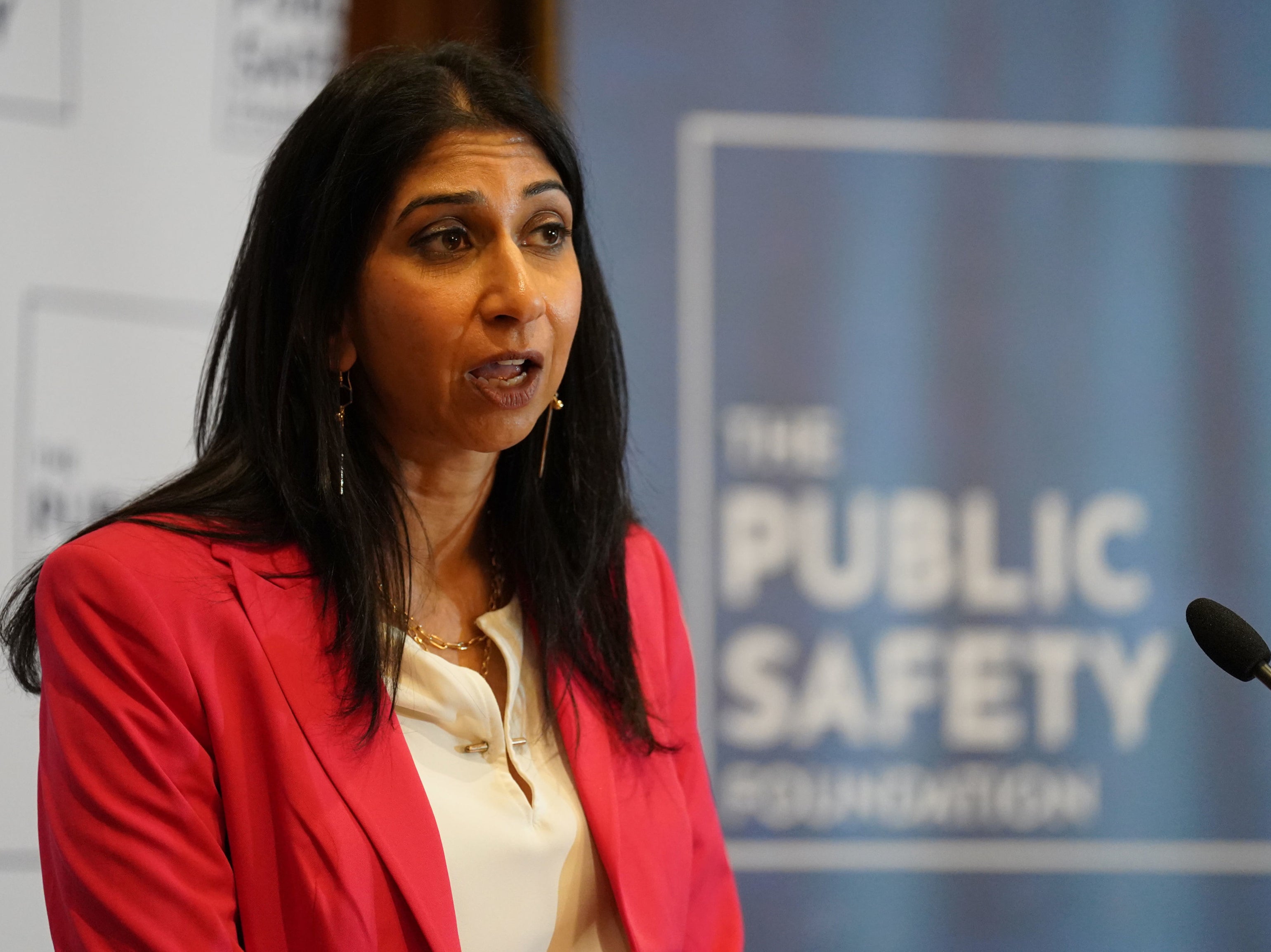 Home Secretary Suella Braverman delivers a speech on policing at the Public Safety Foundation think tank in central London on 26 April 2022