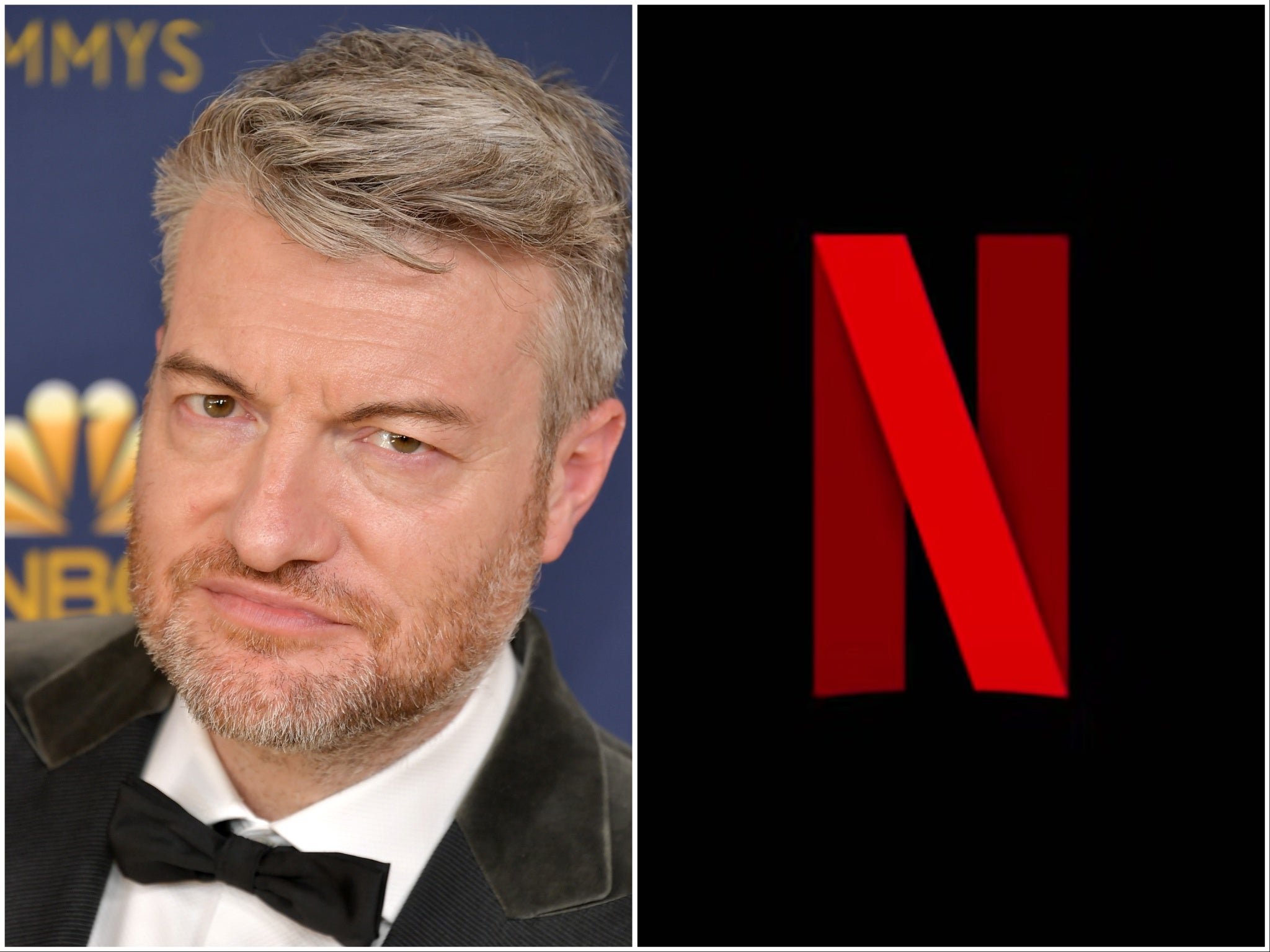 Black Mirror creator Charlie Brooker, and the Netflix logo