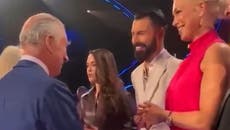 King Charles laughs with Rylan Clark and Hannah Waddingham at Eurovision set launch
