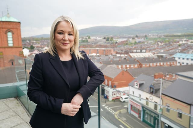 Sinn Fein’s vice president Michelle O’Neill speaking to the media on the Falls Road, Belfast where she has announced that she will attend the coronation of the King (Niall Carson/PA)