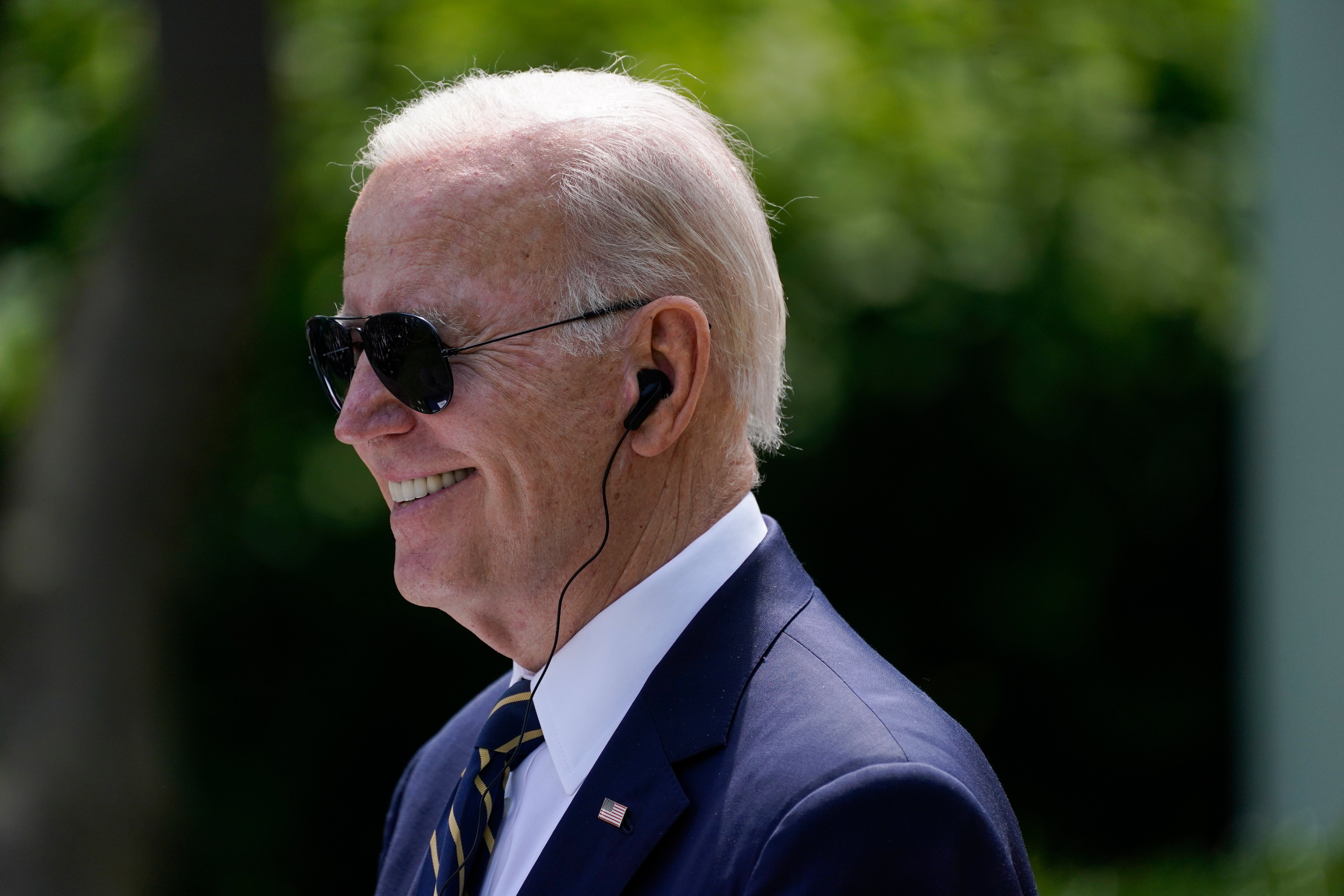 President Joe Biden smiles during a news conference with South Korea's President Yoon Suk Yeol in the Rose Garden of the White House on Wednesday, April 26, 2023, in Washington. (AP Photo/Evan Vucci)