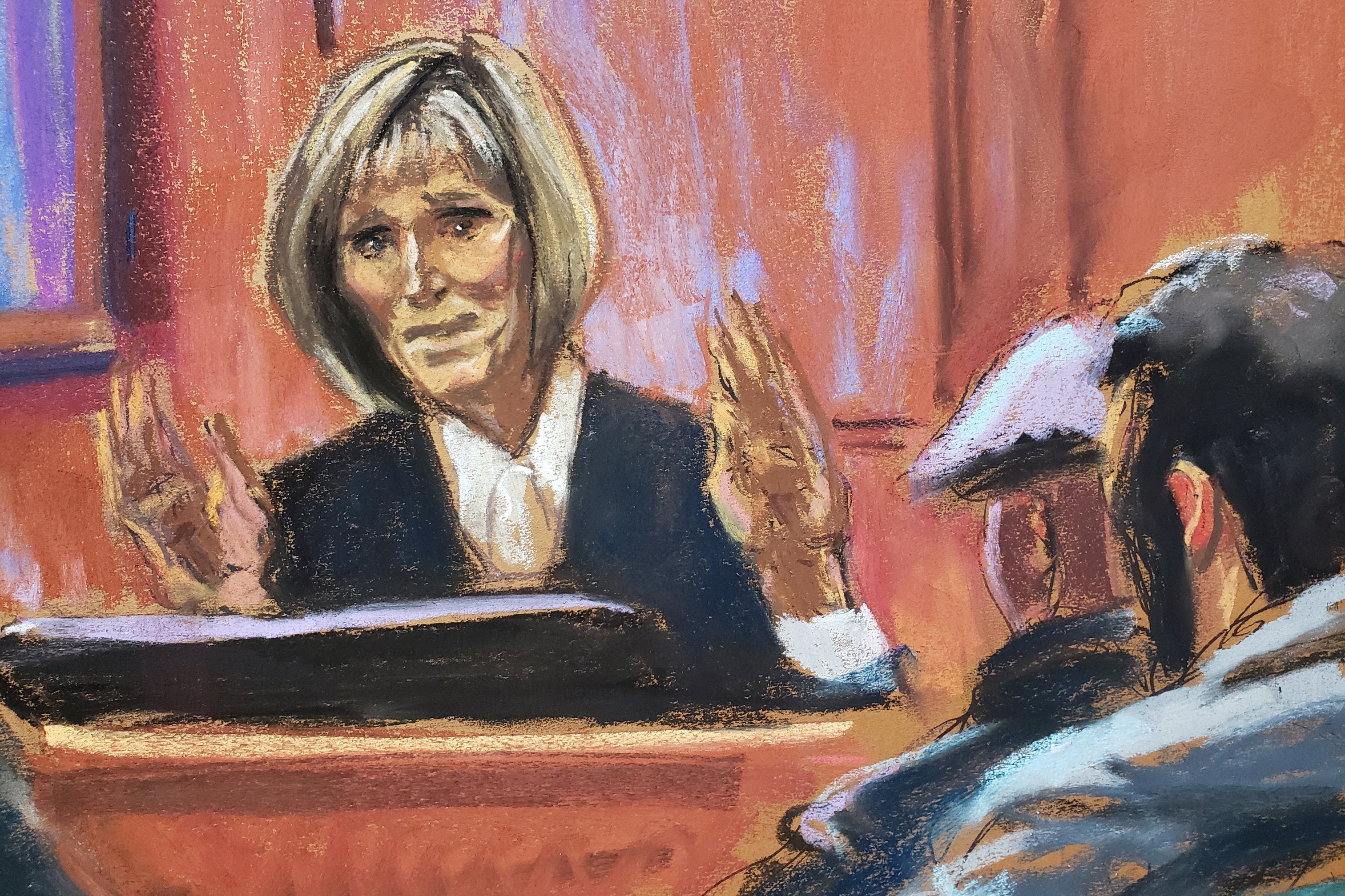 Court artist’s impression of E Jean Carroll giving evidence