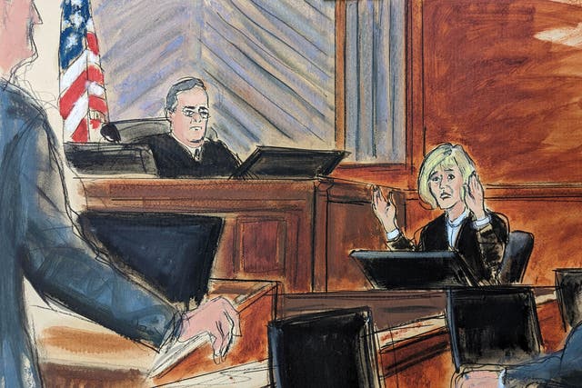 <p>In this courtroom sketch, E Jean Carroll testifies on the witness stand in Federal Court, in New York, Wednesday, 26 April 2023</p>