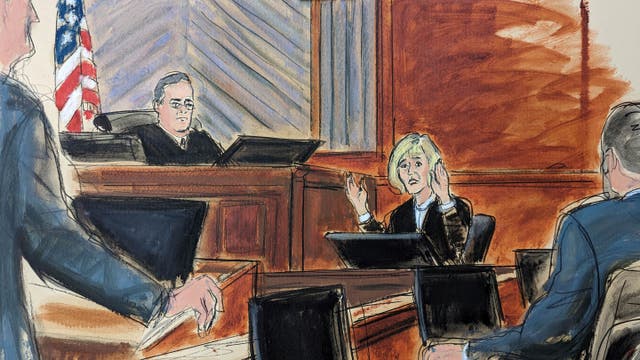 <p>In this courtroom sketch, E Jean Carroll testifies on the witness stand in Federal Court, in New York, Wednesday, 26 April 2023</p>