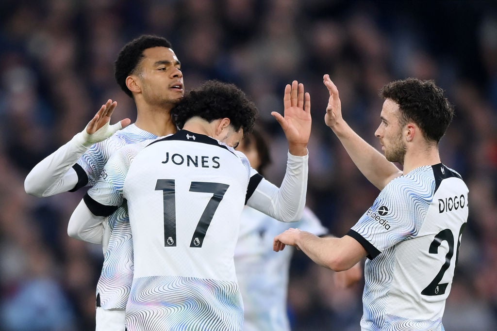 Cody Gakpo celebrates scoring Liverpool’s first with teammates Curtis Jones and Diogo Jota