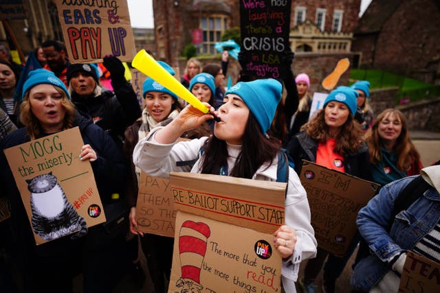 <p>Teachers on the picket line outside Bristol Cathedral School (Ben Birchall/PA)</p>