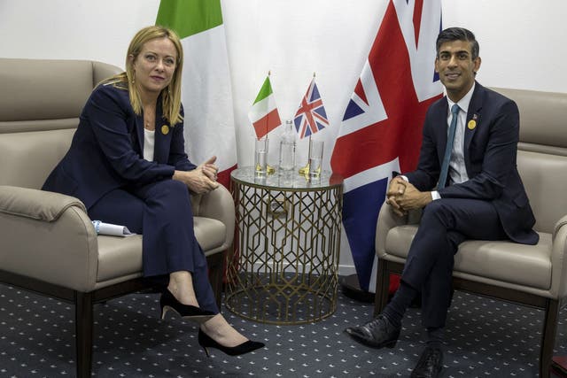 Prime Minister Rishi Sunak meets Italian premier Giorgia Meloni at the Cop27 summit in Sharm el-Sheikh, Egypt in November (Steve Reigate/Daily Express/PA)