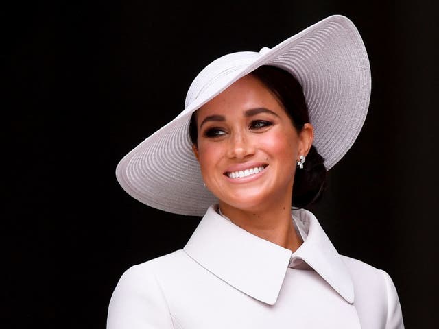 <p>Meghan, Duchess of Sussex, leaves after attending the National Service of Thanksgiving at St Paul's Cathedral during the Queen's Platinum Jubilee celebrations on June 3, 2022</p>
