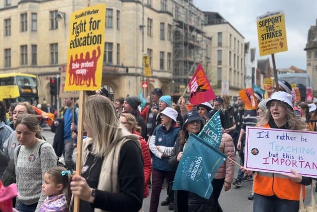 Members of the National Education Union (NEU) at a rally in Oxford, as they take strike action in a dispute over pay (Matilda Head/PA)
