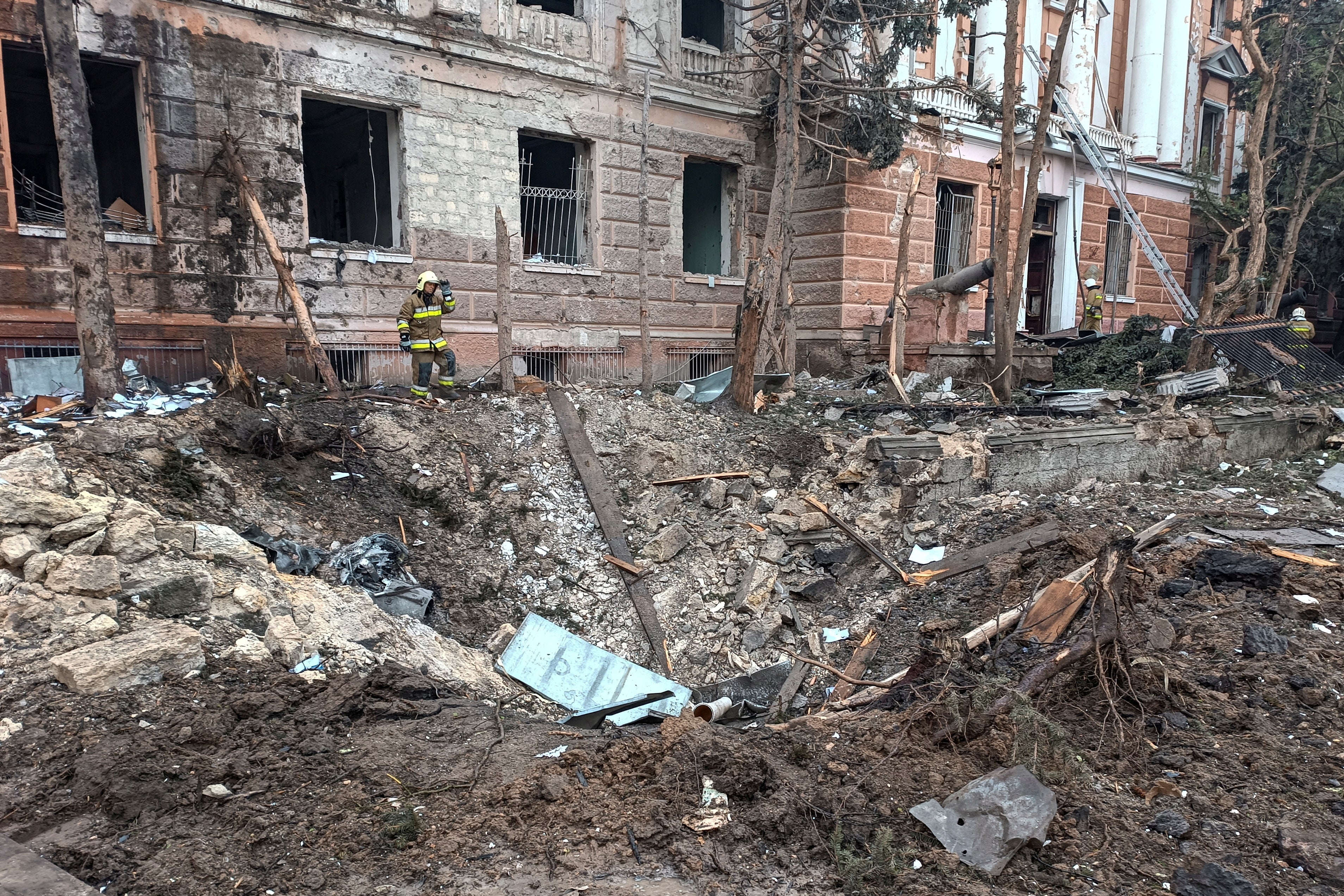 A crater left by a Russian missile strike in Mykolaiv, Ukraine on Thursday
