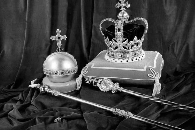 St Edward’s Crown, The Orb, The Sceptre with Cross (also known as the Royal Sceptre), The Scepture With Dove and The Sovereign’s Ring in 1953 (PA)