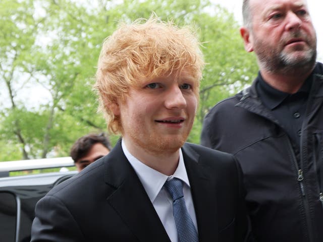 <p>Ed Sheeran arrives for his copyright infringement trial at Manhattan Federal Court on April 27, 2023</p>