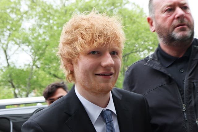 <p>Ed Sheeran arrives for his copyright infringement trial at Manhattan Federal Court on April 27, 2023</p>