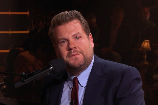 <p>Corden singing a musical number during the finale of ‘The Late Late Show'</p>