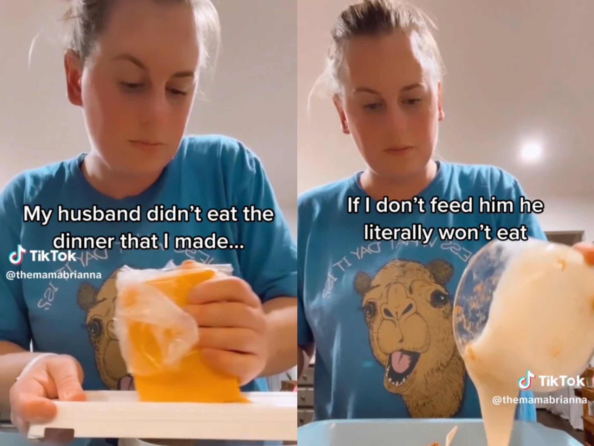 A TikToker named Brianna shows how she makes a new meal for her husband if he refuses to eat the dinner she already prepared