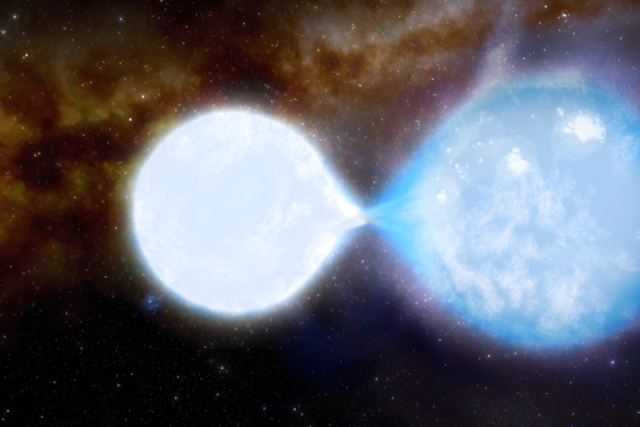 <p>The smaller, brighter, hotter star (left), which is 32 times the mass of our Sun, is currently losing mass to its bigger companion (right), which has 55 times the mass of our Sun</p>