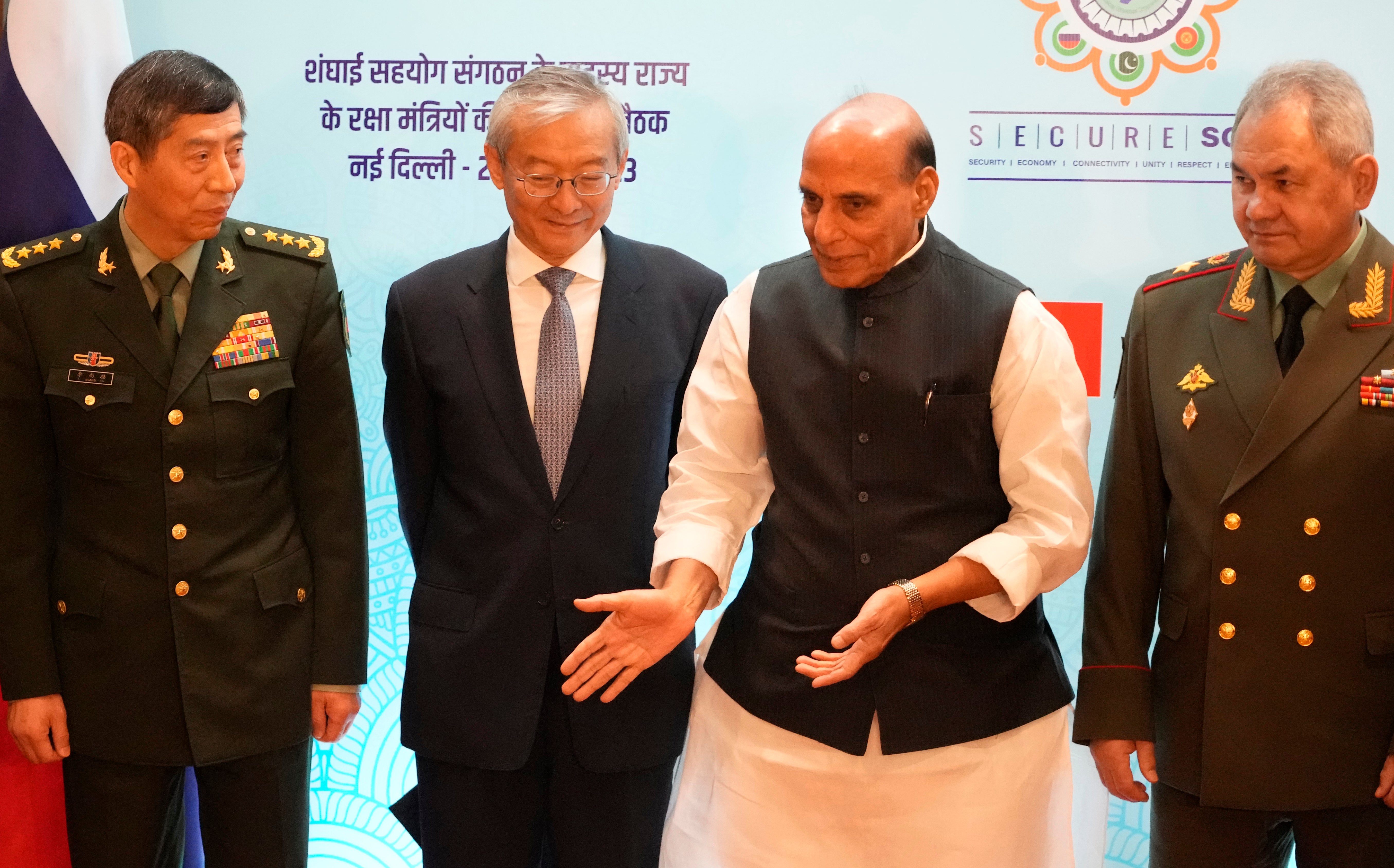 Indian defence minister Rajnath Singh (second from right) talks with his Russian counterparts Sergei Shoigu (right), Chinese General Li Shangfu (left) and the Shanghai Cooperation Organization’s secretary-general Zhang Ming