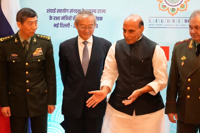 <p>Indian defence minister Rajnath Singh (second from right) talks with his Russian counterparts Sergei Shoigu (right), Chinese General Li Shangfu (left) and the Shanghai Cooperation Organization’s secretary-general Zhang Ming</p>