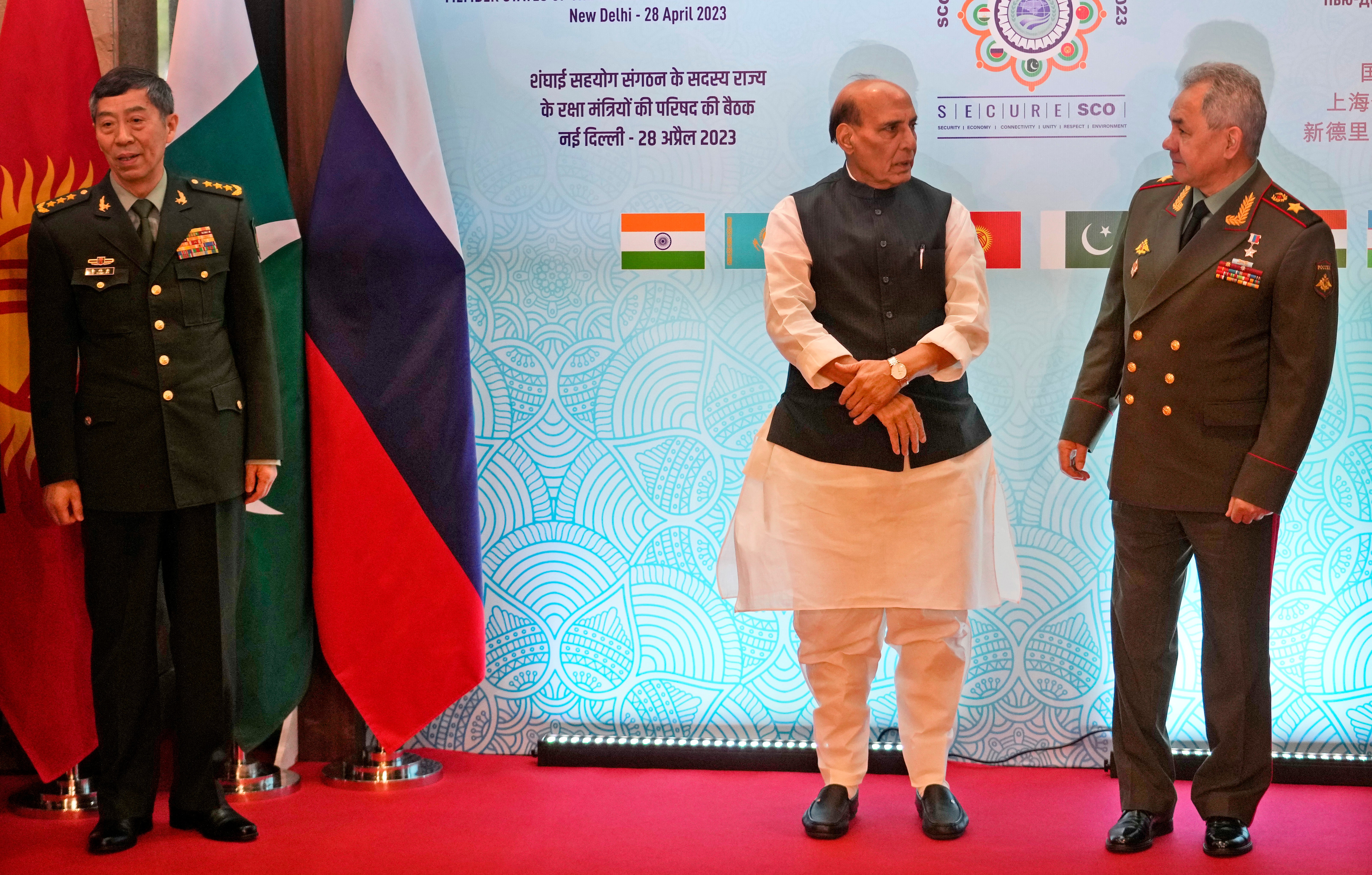 Rajnath Singh, with his Russian Sergei Shoigu, right, and Chinese General Li Shangfu