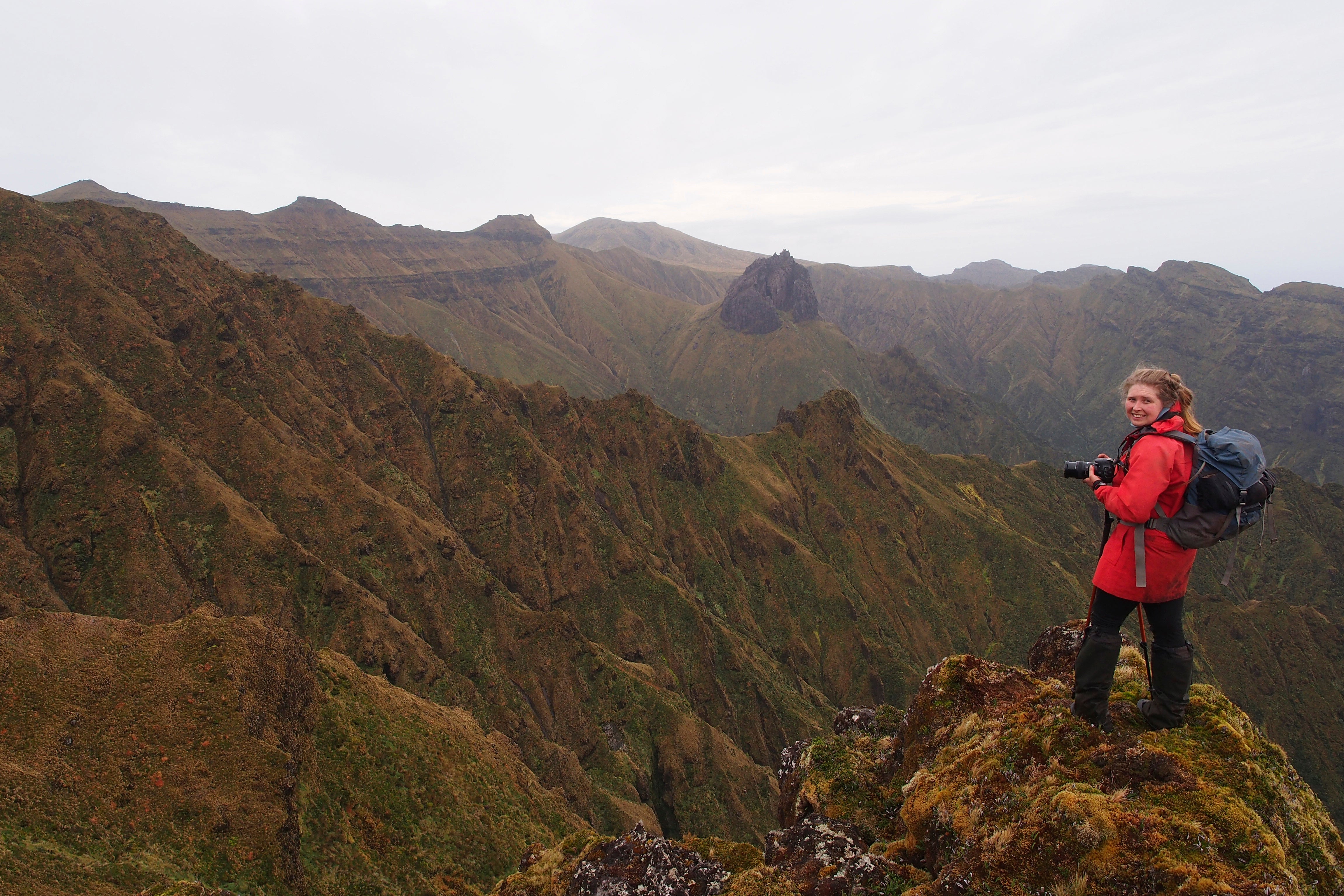 Jaimie Cleeland, on-island conservationist, enjoying the views of Sophora Glen, the Rowetts and Hag’s Tooth, Gough Island World Heritage Site, South Atlantic, July 2018