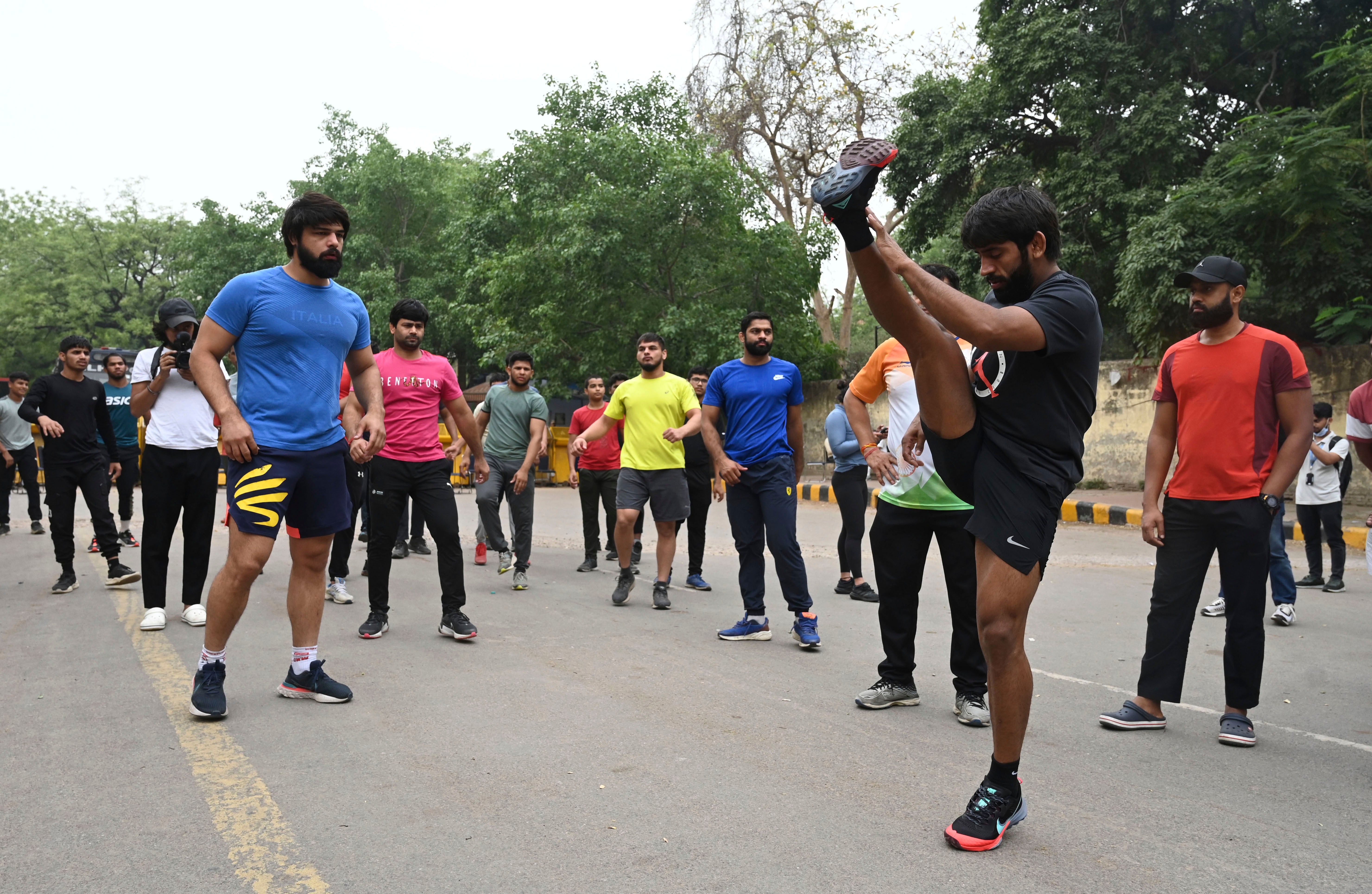<p>Bajrang Punia, Indian wrestler who won a Bronze medal at the 2020 Tokyo Olympics, and others at Jantar Mantar in New Delhi as wresters continue their protest against wrestling body chief Brij Bhushan Sharan Singh</p>
