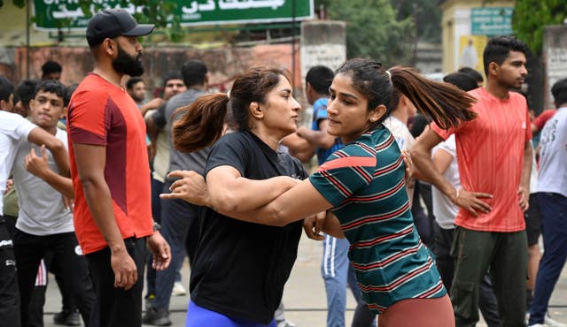 <p>Indian wrestlers practice at Delhi’s Jantar Mantar while protesting against sexual harassment by Wrestling Federation chief Brij Bhushan Sharan Singh. </p>