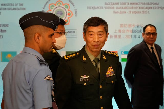 <p>Chinese Defence Minister Gen. Li Shangfu arrives to attend the defence ministers meeting for the Shanghai Cooperation Organisation (SCO) summit in New Delhi, India, Friday, 28 April 2023</p>