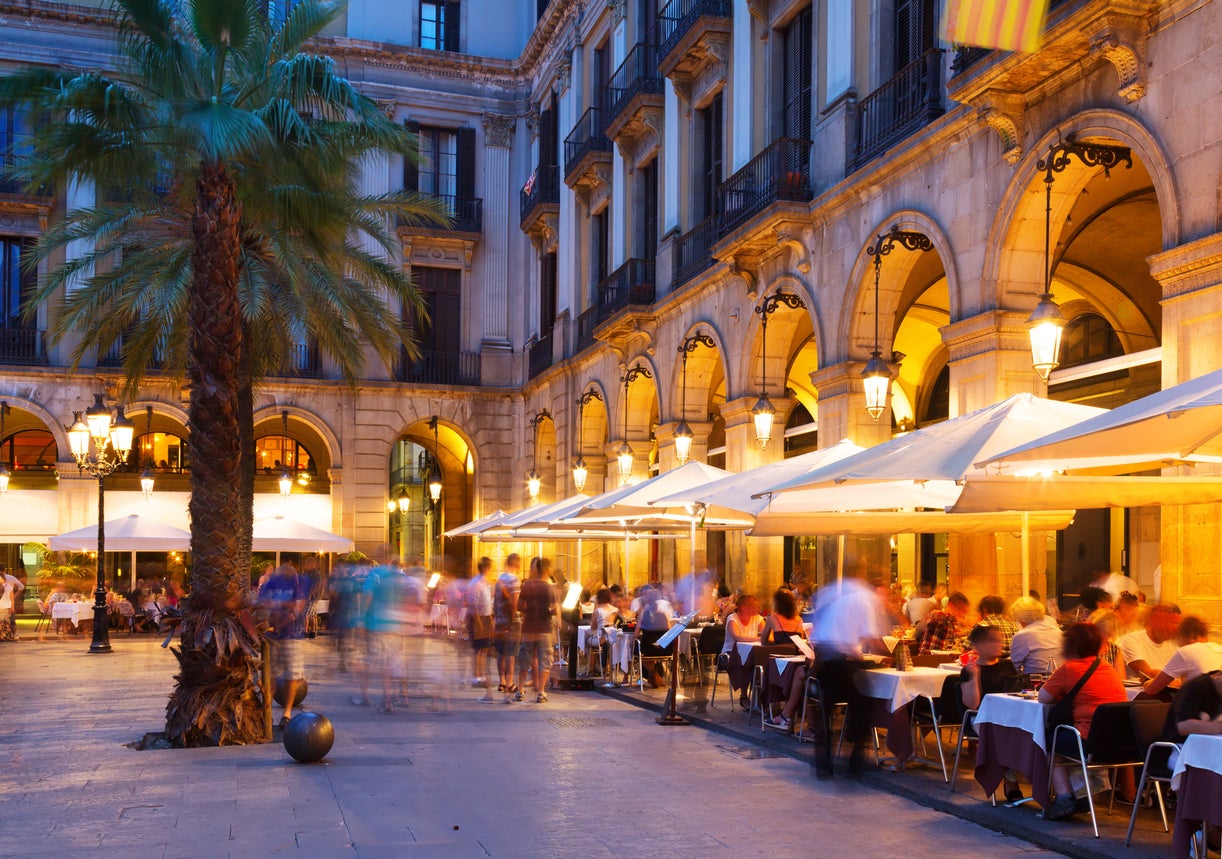 Plaça Reial, in Barcelona, is popular with tourists in the evening