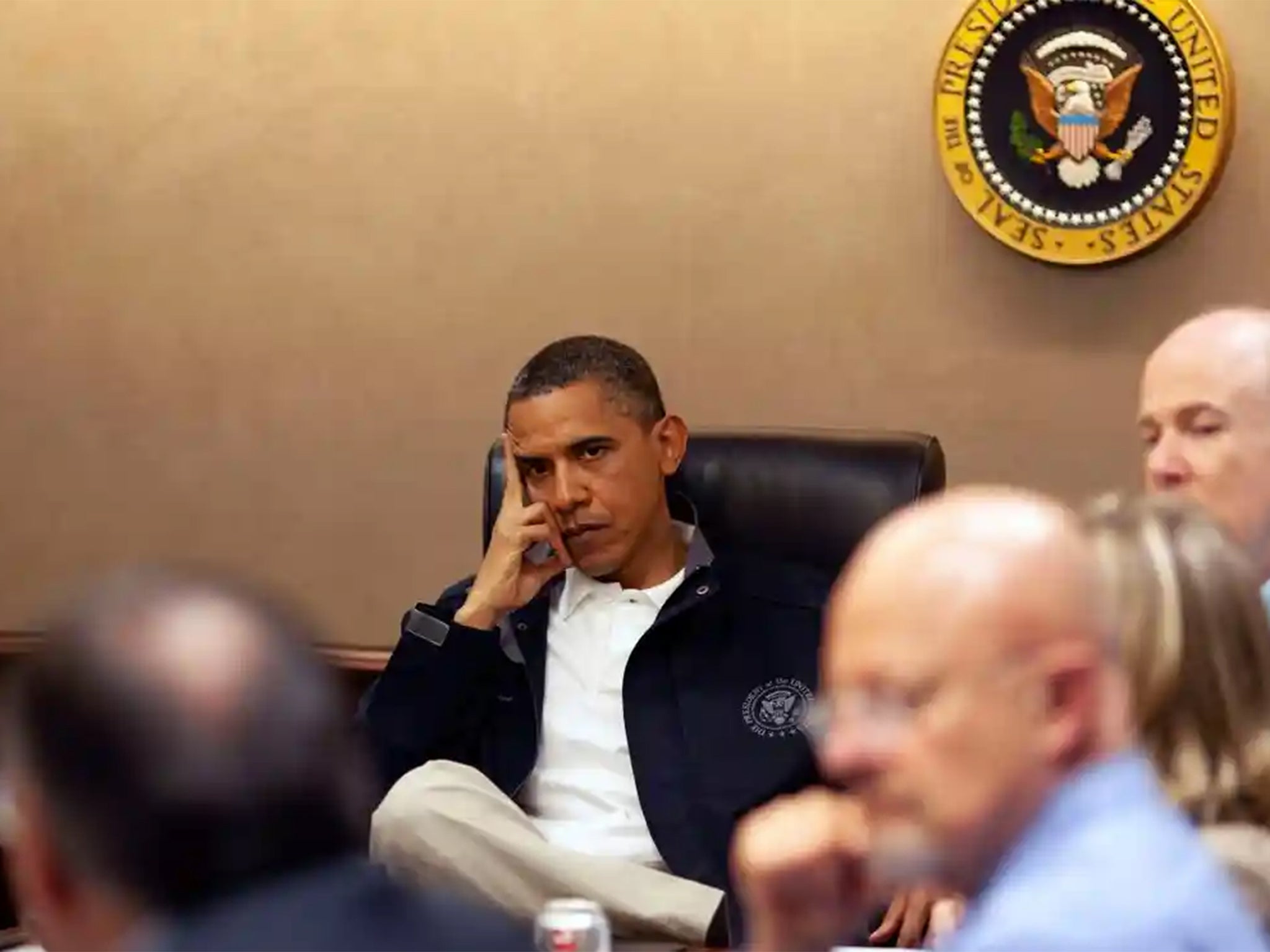 President Barack Obama in the White House Situation Room discussing the mission against Osama bin Laden on May 1, 2011