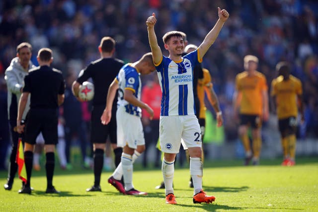 Brighton’s Billy Gilmour celebrates at the final whistle (Adam Davy/PA)