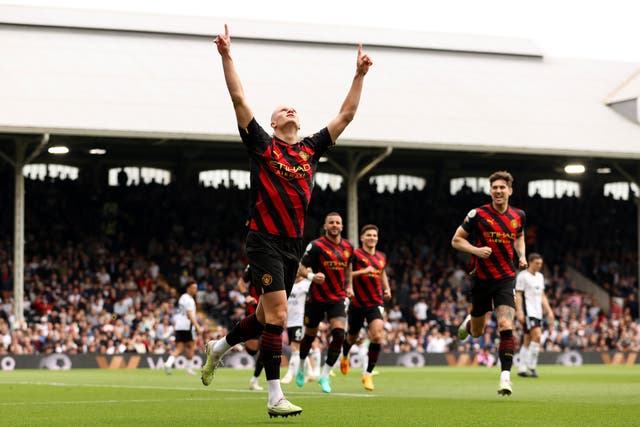 <p>Haaland celebrates his 34th Premier League goal of the season </p>